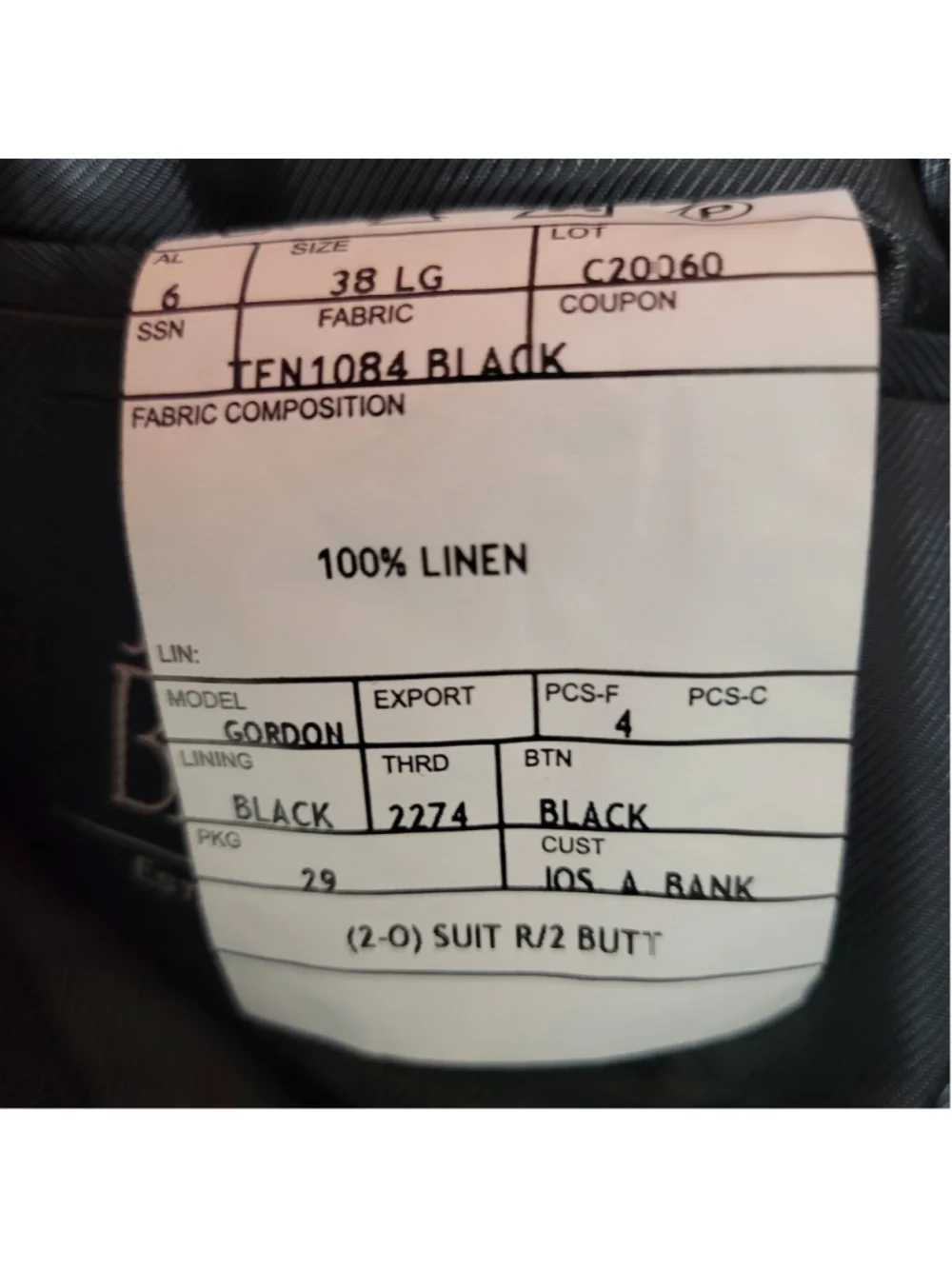 JoS A Bank Men Black Spring Weight 2-Button Center-Vent 100% Linen Jacket 38L